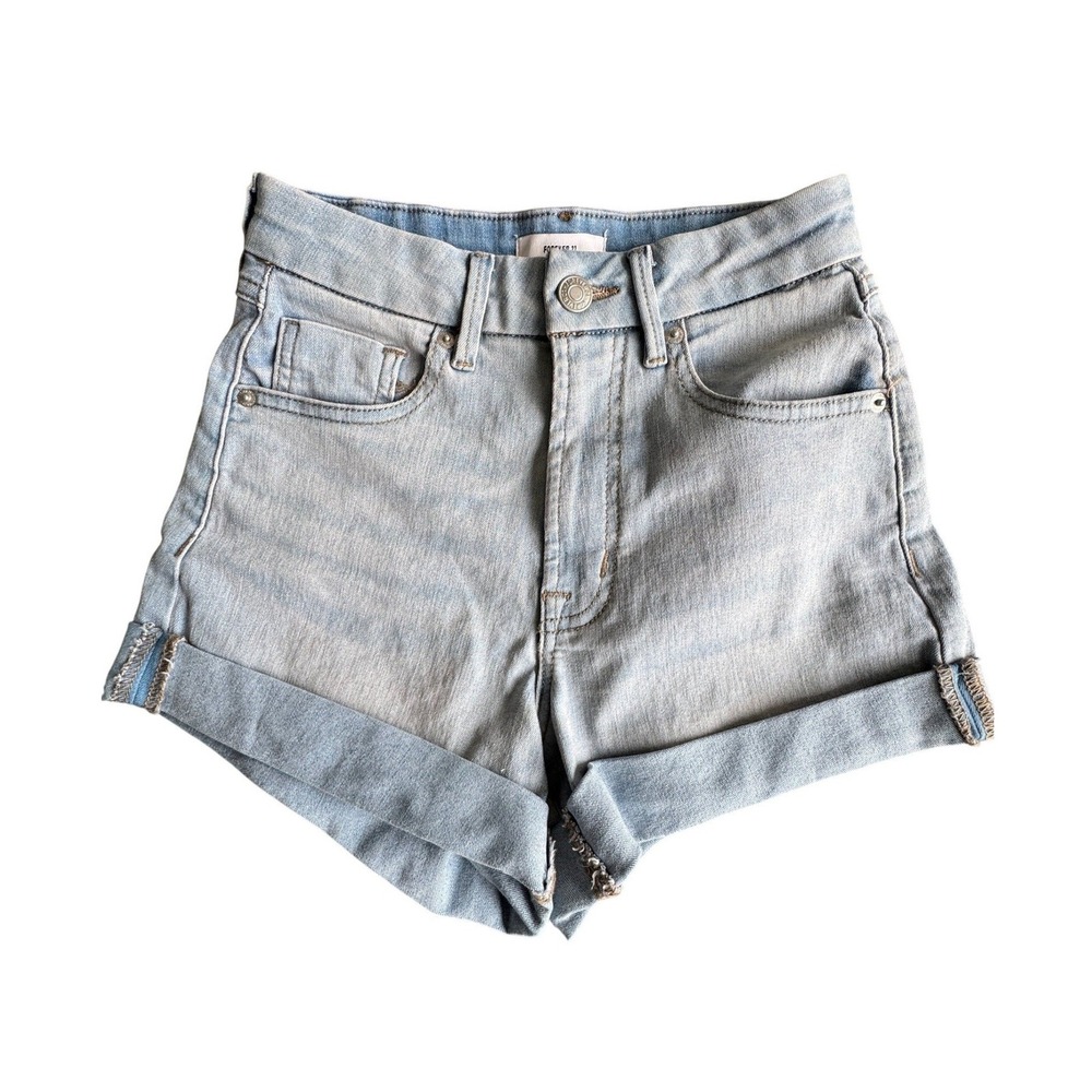 Forever 21 Curved High Rise Light Wash Denim Cuffed Jean Shorts Size 24
